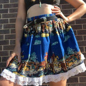 Vintage Handmade Full Circle Mini Skirt M/L Square Dance Cowboy Print Festival